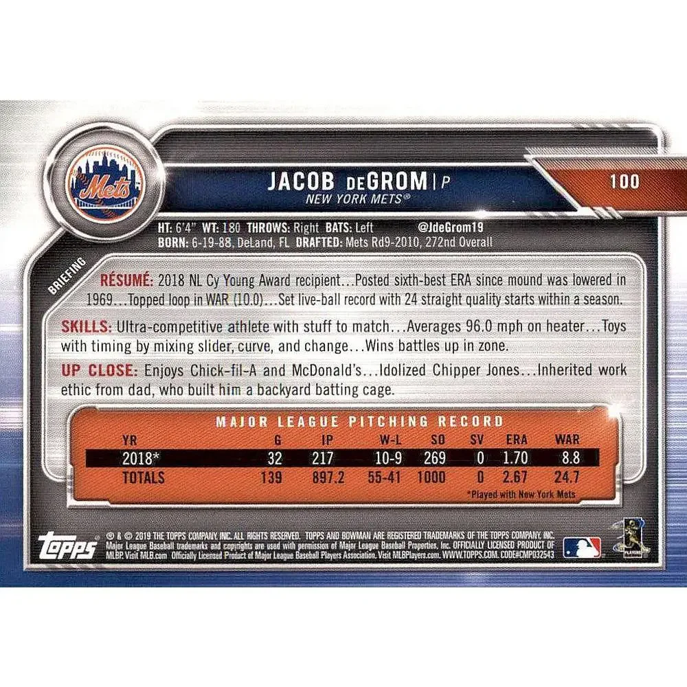 2019 Bowman Jacob deGrom #100 New York Mets